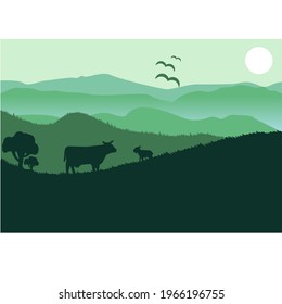 hand drawn vector landscape with trees mountains and cow. silhouettes of nature. dairy farm design layout vector. tea garden vector. Eid al Adha greeting card template. Eid Greetings invitation. 
