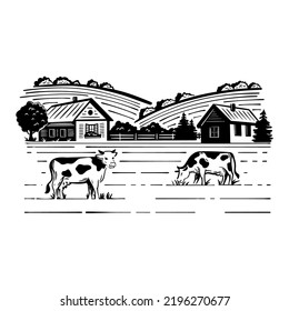 Hand drawn vector landscape with village house and cows grazing in the meadow. Ideal for banner, label, logotype, packaging. Vector sketch illustration