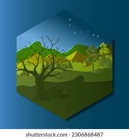paisaje vectorial dibujado a mano con árboles en primera vista y montañas. siluetas de la naturaleza. se utiliza para el fondo, la invitación, la tarjeta o la página de inicio.

