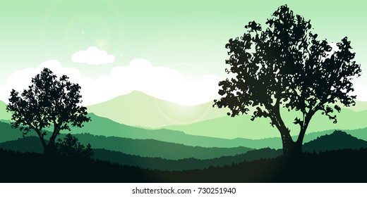 hand drawn vector lanscape with trees on first view and mountains. silhouettes of nature. use for background or invitation or card