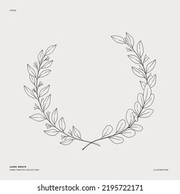 Hand drawn vector laurel wreath. Wreath of  eucalyptus branches and leaves. Linear illustration. Botanical Design elements. Perfect for wedding invitations, greeting cards, prints, posters, logo