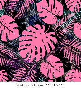 Hand drawn vector leaf seamless pattern. Abstract grunge texture background. Nature organic illustration. Trendy background with palm texture.