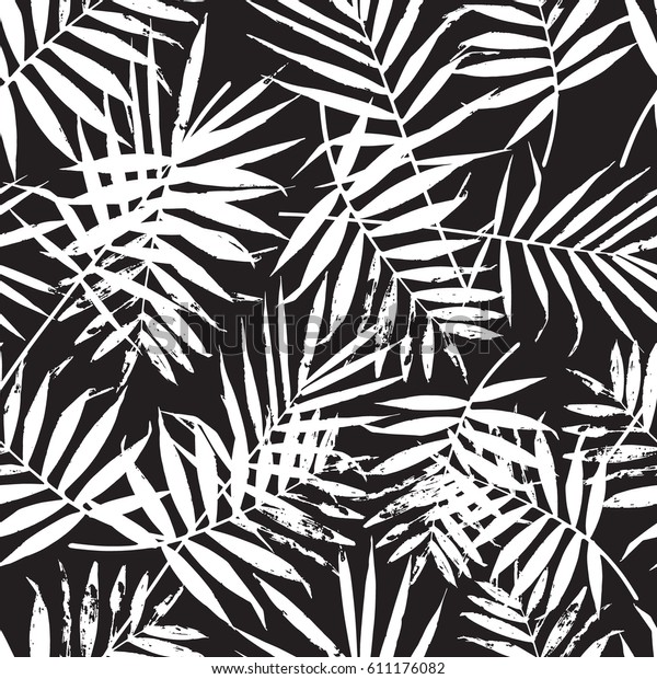 手描きのベクトルリーフのシームレスなパターン 抽象的なグランジテクスチャ背景 自然の有機イラスト 白黒のヤシの葉の柄 手のひらのテクスチャーのあるトレンディな背景 のベクター画像素材 ロイヤリティフリー