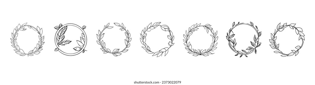 Hand drawn vector leaves flower frame, Hand drawn floral frames with flowers, branch and leaves. Elegant logo template. Floral wreath with leaves for wedding and holiday. Decorative elements