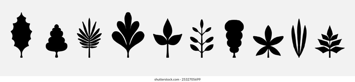 Hand drawn vector leaves set. Cartoon foliage silhouettes collection. Naive style grass. Black plant prints.