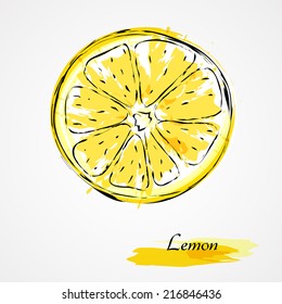 Hand drawn vector lemon citrus fruit round slice, on light background