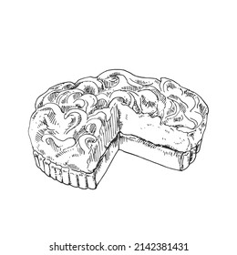 Hand drawn vector lemon cream pie vintage illustration. French fresh dessert pastry cake image. Sweet food template for menu, design, ad