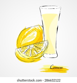 Hand drawn vector lemon fruit and juice on light background