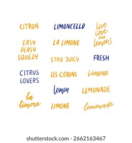 Conjunto de frases de limón de Vector dibujado a mano. Verano jugoso fruta fresca diciendo citas. Cítricos tropicales, palabras de citrón aisladas sobre fondo blanco. Letras escritas a mano para el menú, tarjeta, Anuncio, barra