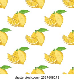 Padrão de limão sem costura desenhado à mão. Flor com uma folha. Fatia de limão e limão. Сitrus. Limão, limão. Ilustração vetorial. Ótimo para pôster, menu ou etiqueta.