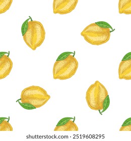 Hand drawn vector lemon seamless pattern. Blossom plant with one leaf. Сitrus. Lemon, lime. Vector illustration. Great for poster, menu or label.