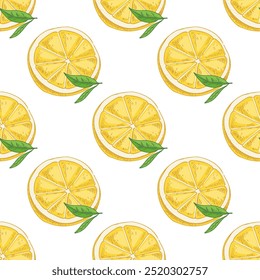 Hand drawn vector lemon seamless pattern. Blossom plant with two leaves. Lemon half. Сitrus. Orange, lime,
grapefruit. 