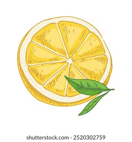 Hand drawn vector lemon sketch. Blossom plant with two leaves. Lemon half. Сitrus. Orange, lime,
grapefruit. Vector illustration. Great for poster, menu or label.