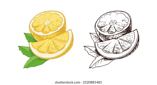 Esboço de limão desenhado à mão. Planta de flor com folhas. Fatia de limão e metade de limão. Сitrus. Laranja, 
toranjas. Ilustração vetorial. Ótimo para pôster, menu ou etiqueta.