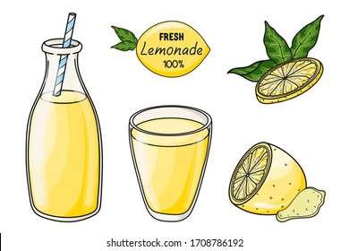 Lemonada vectorial dibujada a mano con rodaja de limón aislada sobre fondo blanco. Elementos gráficos para paquete, afiche, tarjeta, menú, café, restaurante, impresión, banner, publicidad o afiche.