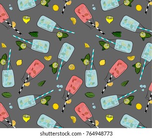 Hand drawn vector lemonade, lemon slices, mint, tube, jar with lemonade. Lemon slices with leaves on bottle with fresh water.