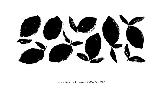 Hand drawn vector lemons silhouettes. Collection of ink illustrations. Abstract lemon drawings. Grunge and sketch style illustrations isolated on white. Citrus collection with dry brush strokes.