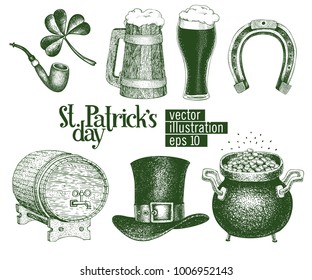 Hand drawn vector leprechaun hat, clover, beer mug, barrel, golden coin pot sketch set for St. Patrick's Day. Irish retro illustrations.