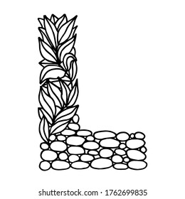 Hand of drawn vector letter L isolated on white background. English alphabet capital letters with a pattern of plants and stones. Beautiful natural illustration. Typographic Template. Eps 8.