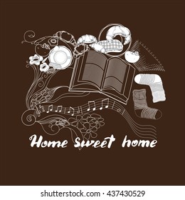 Hand drawn vector lettering. Calligraphic quote printable phrase 'Home sweet home' on brown background with socks, book, cookies, croissant, coffee, notes, apple.