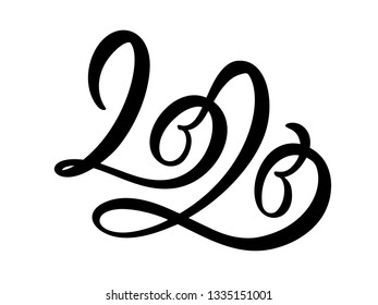 Hand drawn vector lettering calligraphy black number text 2020. Happy New Year greeting card. Vintage Christmas illustration design.