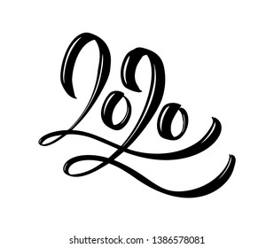 Hand drawn vector lettering calligraphy black number text 2020. Happy New Year greeting card. Vintage Christmas illustration design