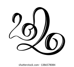 Hand drawn vector lettering calligraphy black number text 2020. Happy New Year greeting card. Vintage Christmas illustration design