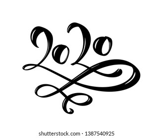 Hand drawn vector lettering calligraphy black number text 2020. Happy New Year greeting card. Vintage Christmas illustration design.