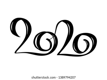 Hand drawn vector lettering calligraphy black number text 2020. Happy New Year greeting card. Vintage Christmas illustration design