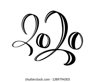 Hand drawn vector lettering calligraphy black number text 2020. Happy New Year greeting card. Vintage Christmas illustration design