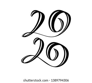 Hand drawn vector lettering calligraphy black number text 2020. Happy New Year greeting card. Vintage Christmas illustration design