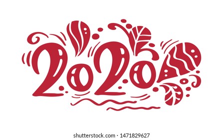 Hand drawn vector lettering calligraphy black number text 2020. Happy New Year greeting card. Vintage Christmas illustration design