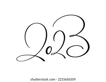 Hand drawn vector lettering calligraphy black number text 2023. Happy New Year greeting card. Vintage Christmas illustration design.