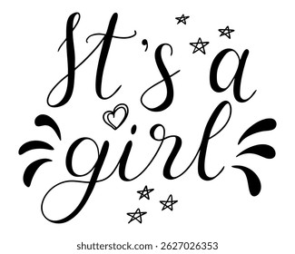 Mão desenhado vetor lettering É uma menina com estrelas, coração e linhas decorativas. Conceito de chá de bebê, anúncio de nascimento e celebração em estilo caligráfico elegante