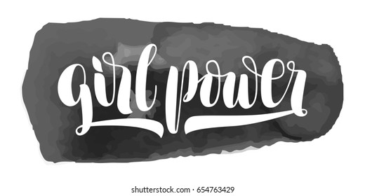 Hand drawn vector lettering Girl power. White on black ink spot. Handwritten modern calligraphy. Inscription for postcards, posters, greeting cards, comics, cartoons.