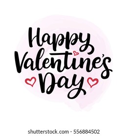 Hand drawn vector  lettering Happy Valentine's Day and heart on light pink watercolor background for Valentine's Day