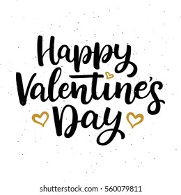 Hand drawn vector  lettering Happy Valentine's Day and gold heart on white textured background for Valentine's Day
