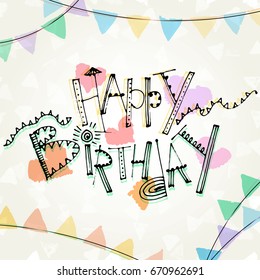 Hand drawn vector lettering. Happy Birthday phrase by hand on bright background. Vector illustration. Handwritten modern calligraphy. Inscription for postcards, posters, prints, greeting cards.