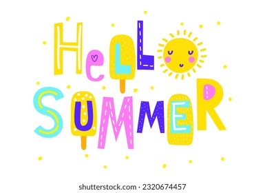 Hand drawn vector lettering. Hello summer. Phrase for poster, card 