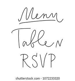 Hand drawn vector lettering isolated on the white background. hand written words: Menu, table number, rsvp. For wedding stationary design.