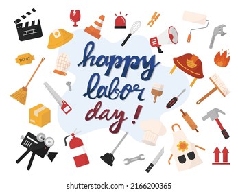 Hand drawn vector with with hand lettering of Labor Day with equipment of each worker in labor. National american holiday illustration all isolated on white background.