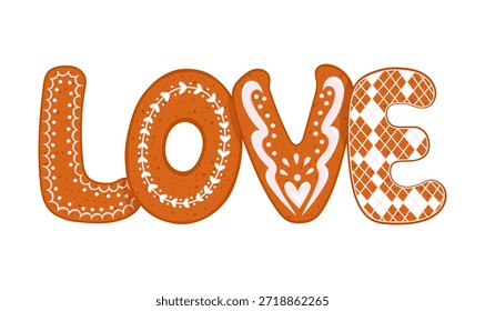 Hand drawn vector lettering LOVE made of decorated gingerbread cookies with icing. Festive romantic illustration for Valentine's Day. Cozy handmade style for greeting cards, posters, seasonal design