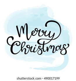 Hand drawn vector lettering Merry Christmas. Isolated black calligraphy on blue watercolor background. Quote about winter and Christmas.