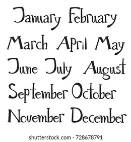 Hand drawn vector lettering - months of the year. Doodle  style. Isolated black and white illustration. Calendar.