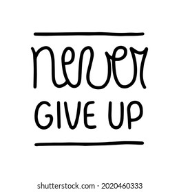 Hand drawn vector lettering NEVER GIVE UP. Handwritten modern calligraphy. Inscription for postcards, posters, greeting cards, comics, cartoons.