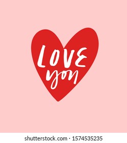 Hand drawn vector lettering with red heart on pink background. Love You inscription. Valentine's Day related image.