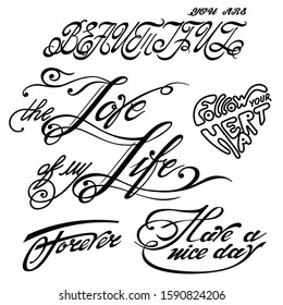 Hand drawn vector lettering set "Positive words". Vector calligraphy for your print and web products: greeting cards, banners, t-shirts etc. Black on white isolated. 