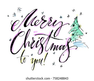 Hand drawn vector lettering. Words Merry Christmas by hand. Isolated vector illustration. Handwritten modern calligraphy. Inscription for postcards, posters, prints, greeting cards.