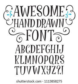 Hand Drawn Vector Letters With Doodle Curly Elements. Lovely Decorative Font For Your Design.
