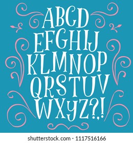 Hand drawn vector letters with doodle curly elements. Lovely decorative font for your design.
